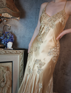 Vintage Mermaid Champagne Gold Sequined Lace Satin Long Prom Dress Evening Dress