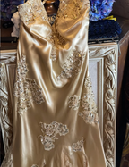 Vintage Mermaid Champagne Gold Sequined Lace Satin Long Prom Dress Evening Dress