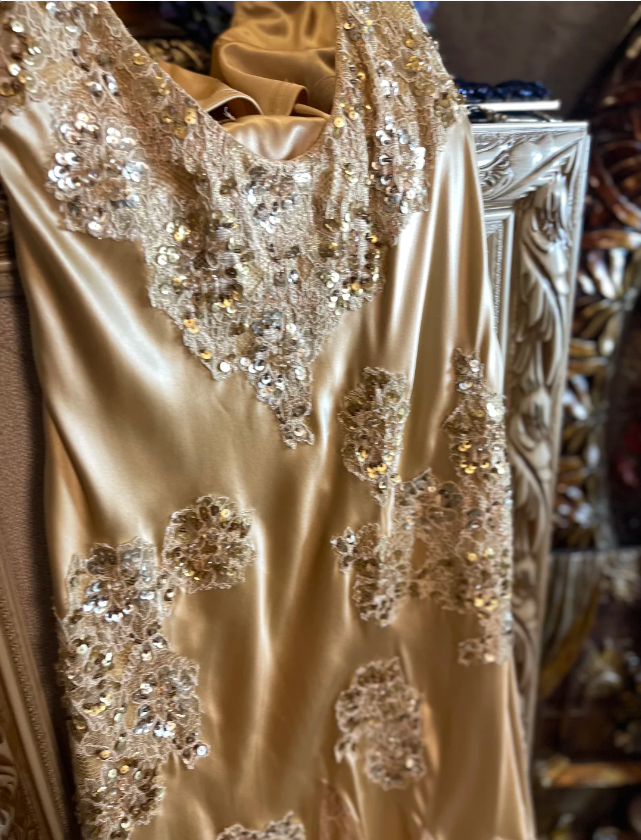 Vintage Mermaid Champagne Gold Sequined Lace Satin Long Prom Dress Evening Dress