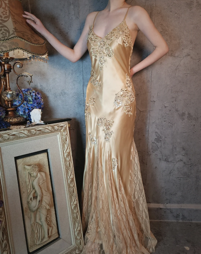 Vintage Mermaid Champagne Gold Sequined Lace Satin Long Prom Dress Evening Dress Main image