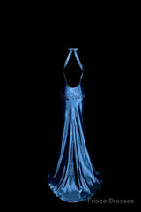 Vintage Mermaid Halter Neck Blue Satin Backless Prom Gown Fairy Prom Dresses