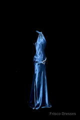 Vintage Mermaid Halter Neck Blue Satin Backless Prom Gown Fairy Prom Dresses