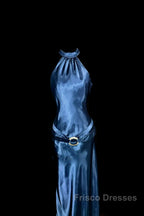 Vintage Mermaid Halter Neck Blue Satin Backless Formal Prom Gown Fairy Formal Prom Dress