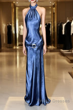 Vintage Mermaid Halter Neck Blue Satin Backless Formal Prom Gown Fairy Formal Prom Dress