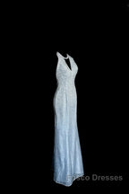 Vintage Mermaid Halter Neck Blue Sequin Formal Prom Gown Fairy Formal Prom Dress