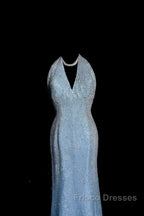 Vintage Mermaid Halter Neck Blue Sequin Formal Prom Gown Fairy Formal Prom Dress