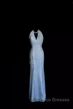 Vintage Mermaid Halter Neck Blue Sequin Formal Prom Gown Fairy Formal Prom Dress