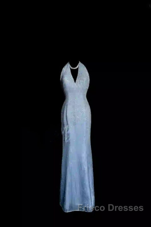 Vintage Mermaid Halter Neck Blue Sequin Formal Prom Gown Fairy Formal Prom Dress