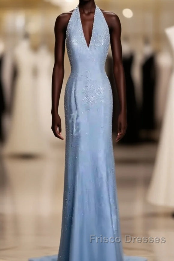 Vintage Mermaid Halter Neck Blue Sequin Formal Prom Gown Fairy Formal Prom Dress Main image
