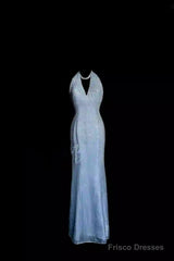 Vintage Mermaid Halter Neck Blue Sequin Prom Gown Fairy Prom Dresses