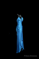 Vintage Mermaid Halter Neck Royal Blue Satin Backless Prom Gown Fairy Prom Dresses
