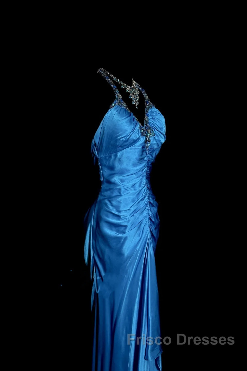 Vintage Mermaid Halter Neck Royal Blue Satin Backless Formal Prom Gown Fairy Formal Prom Dress