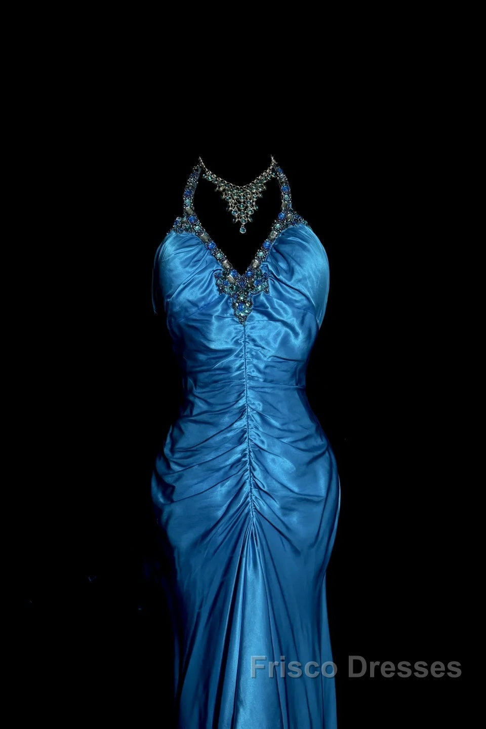 Vintage Mermaid Halter Neck Royal Blue Satin Backless Formal Prom Gown Fairy Formal Prom Dress
