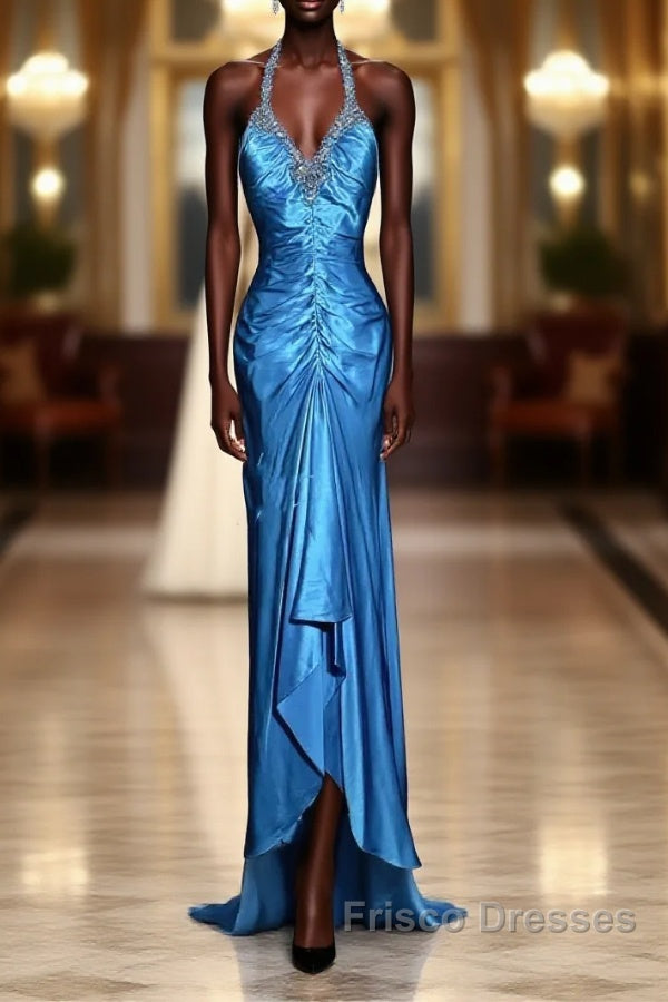 Vintage Mermaid Halter Neck Royal Blue Satin Backless Formal Prom Gown Fairy Formal Prom Dress