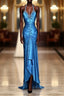 Vintage Mermaid Halter Neck Royal Blue Satin Backless Formal Prom Gown Fairy Formal Prom Dress