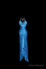 Vintage Mermaid Halter Neck Royal Blue Satin Backless Prom Gown Fairy Prom Dresses