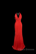 Vintage Mermaid Halter Satin Red Formal Prom Gown Fairy Formal Prom Dress