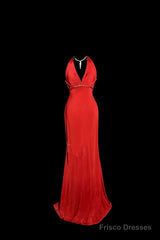 Vintage Mermaid Halter Satin Red Prom Gown Fairy Prom Dresses