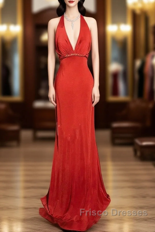 Vintage Mermaid Halter Satin Red Formal Prom Gown Fairy Formal Prom Dress Main image