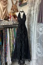 Vintage Mermaid Halter Sleeveless Long Black Lace Evening Dress Formal Prom Dress