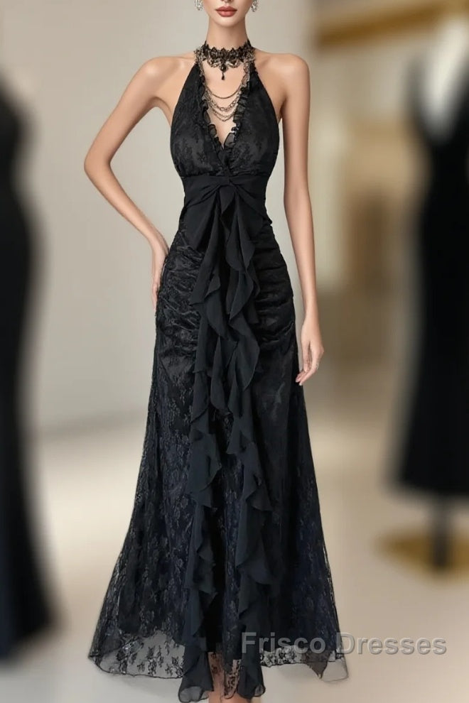 Vintage Mermaid Halter Sleeveless Long Black Lace Evening Dress Formal Prom Dress