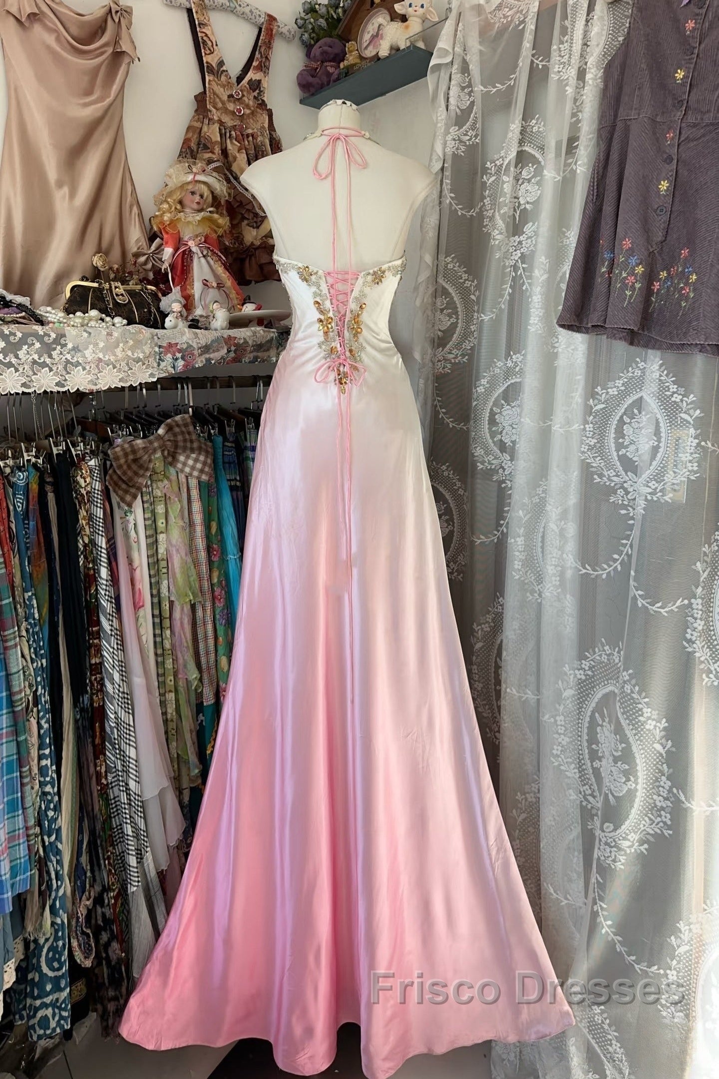 Vintage Mermaid Halter Sleeveless Long Ombre Pink Evening Dress Formal Prom Dress Secondary image