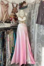 Vintage Mermaid Halter Sleeveless Long Ombre Pink Evening Dress Formal Prom Dress