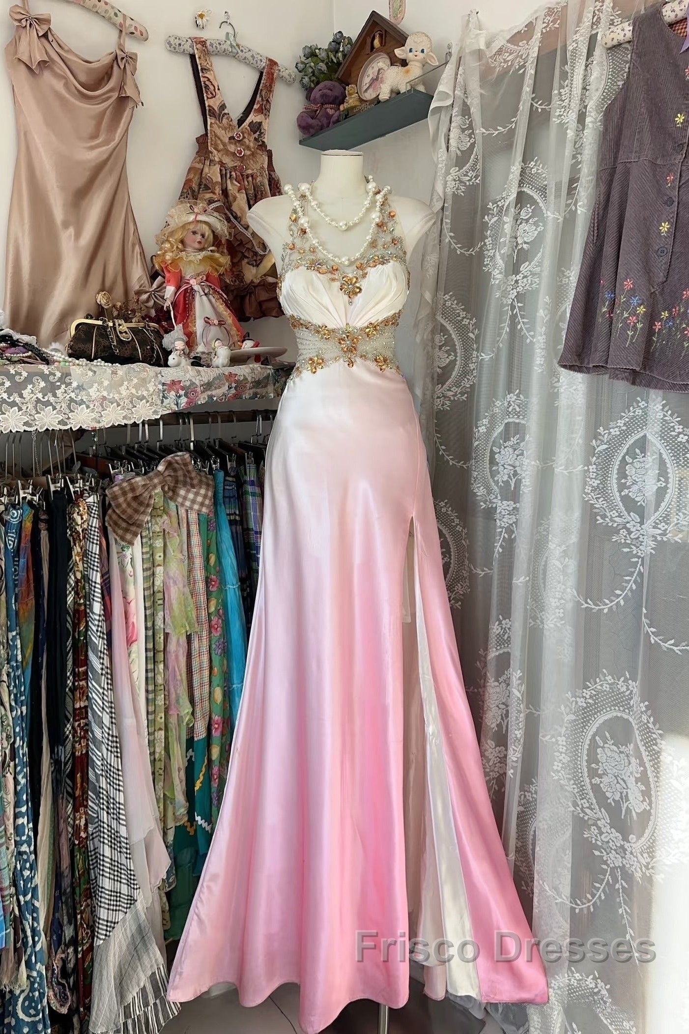Vintage Mermaid Halter Sleeveless Long Ombre Pink Evening Dress Formal Prom Dress