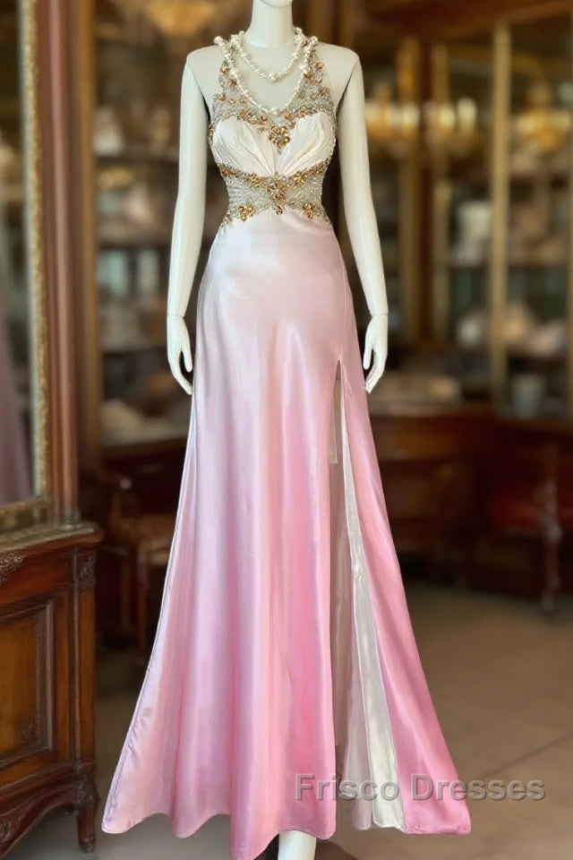 Vintage Mermaid Halter Sleeveless Long Ombre Pink Evening Dress Formal Prom Dress Main image