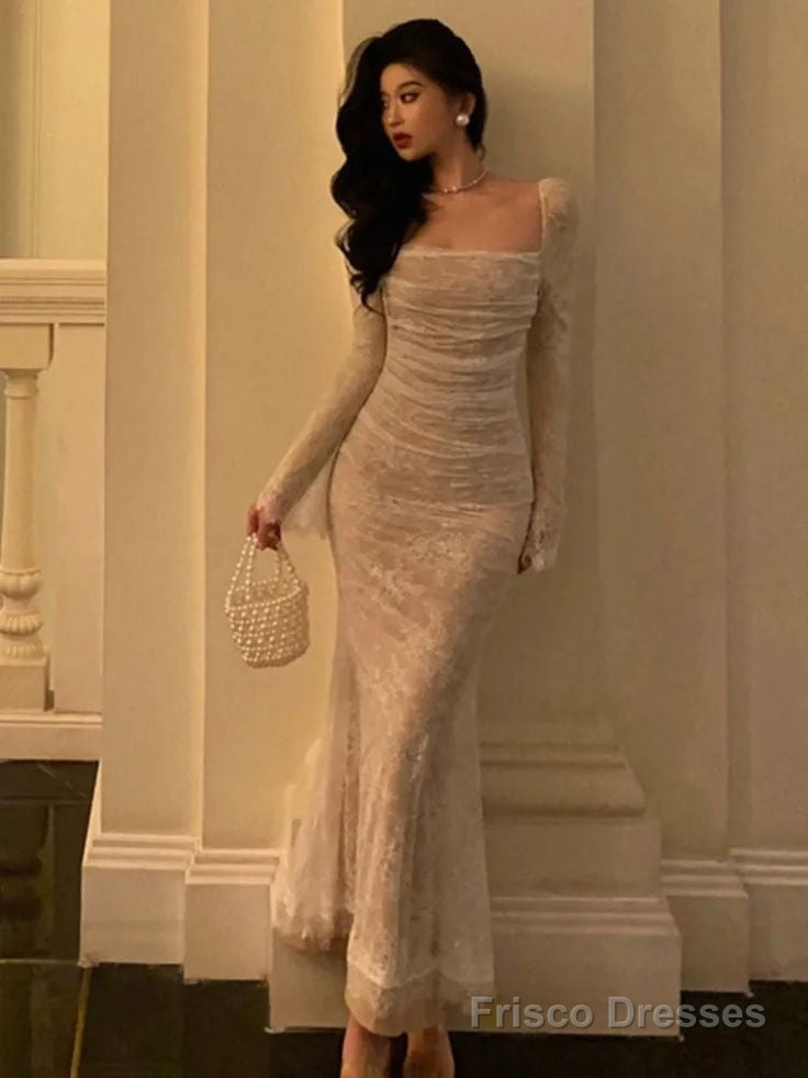 Vintage Mermaid Lace Prom Dress Elegant Apricot Square Collar Evening Party Gown Main image