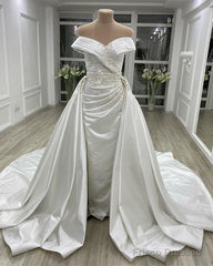 Vintage Mermaid Off Shoulder Wedding Dress Satin Embroidery