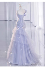 Vintage Mermaid One Shoulder Lilac Tulle Satin Long Formal Prom Dress Party Dress