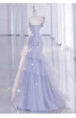 Vintage Mermaid One Shoulder Lilac Tulle Satin Long Prom Dresses Party Dress