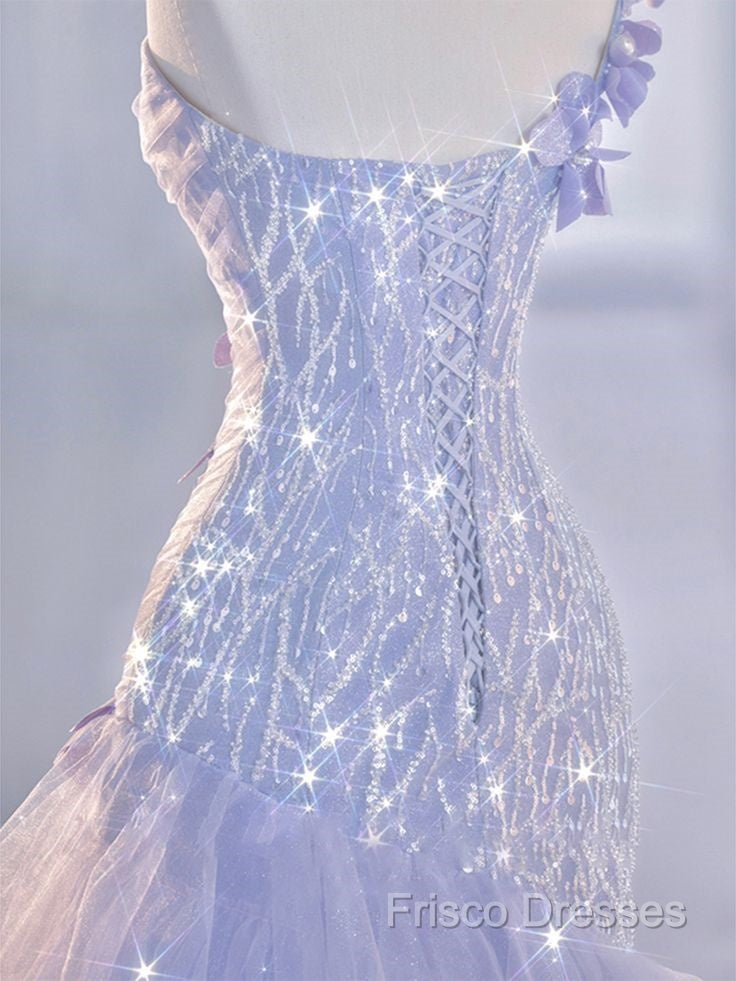 Vintage Mermaid One Shoulder Lilac Tulle Satin Long Formal Prom Dress Party Dress