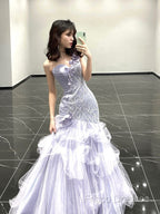 Vintage Mermaid One Shoulder Lilac Tulle Satin Long Formal Prom Dress Party Dress