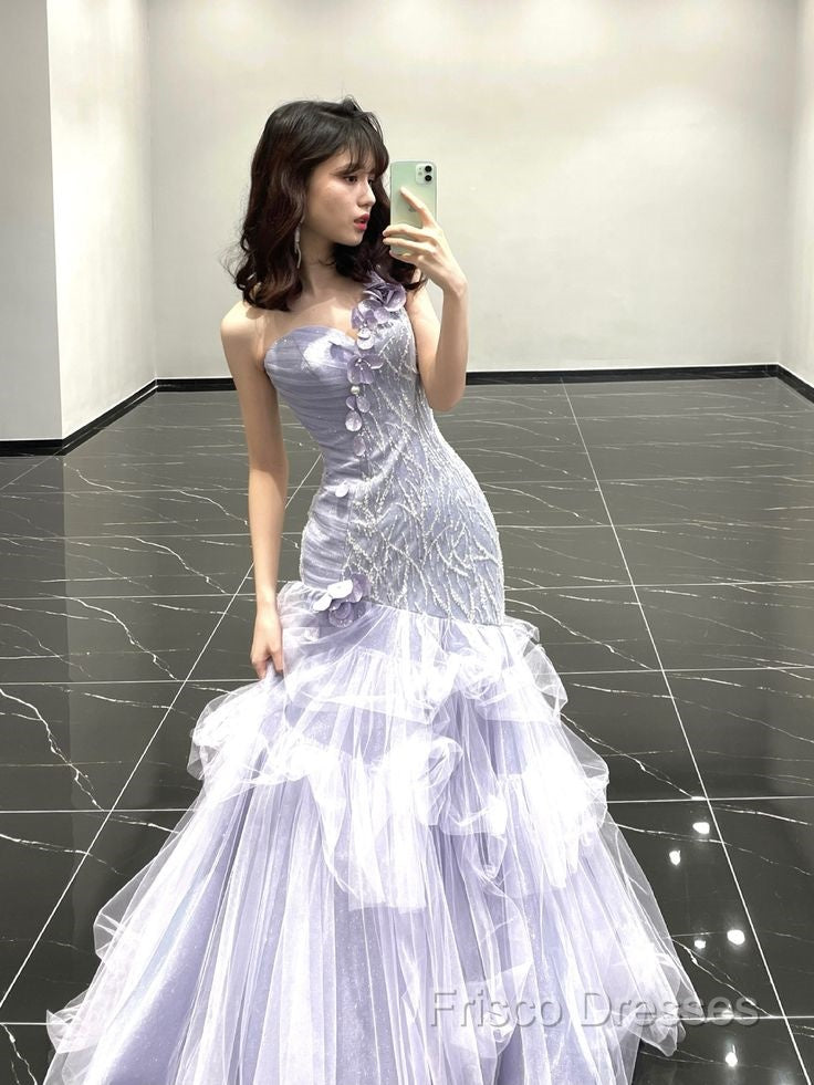 Vintage Mermaid One Shoulder Lilac Tulle Satin Long Formal Prom Dress Party Dress