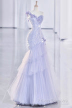 Vintage Mermaid One Shoulder Lilac Tulle Satin Long Formal Prom Dress Party Dress