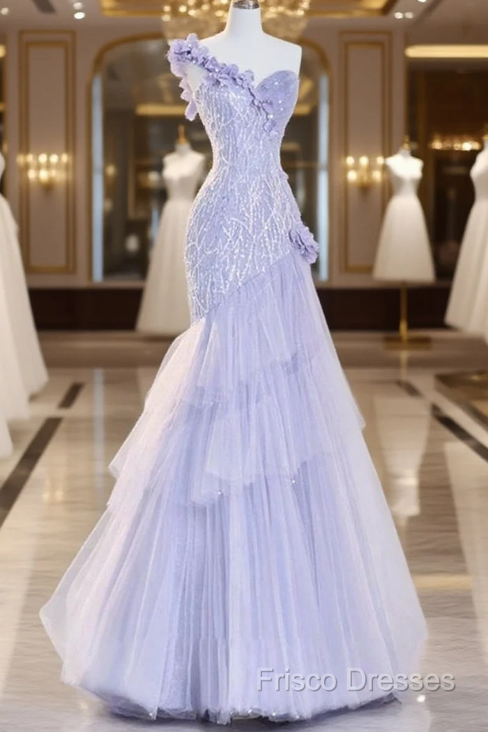 Vintage Mermaid One Shoulder Lilac Tulle Satin Long Formal Prom Dress Party Dress
