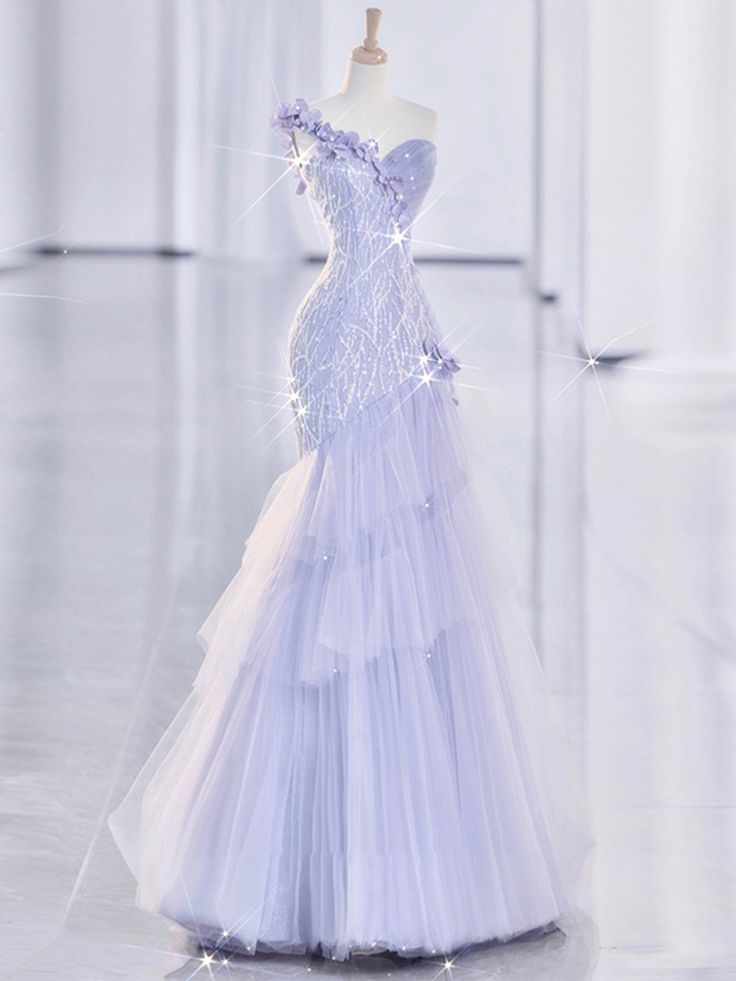 Vintage Mermaid One Shoulder Lilac Tulle Satin Long Prom Dresses Party Dress Main image