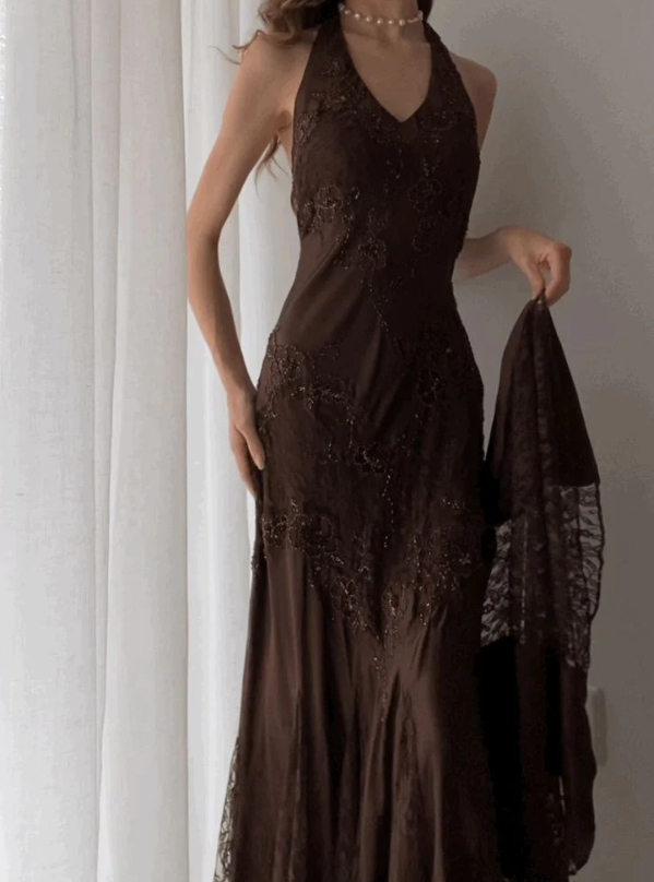 Vintage Mermaid Sleeveless Halter Brown Long Prom Dress Secondary image