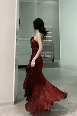 Vintage Mermaid Spaghetti Straps Burgundy Long Party Dresses Birthday Outfits