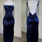 Vintage Mermaid Spaghetti Straps Custom Silk Satin Blue Long Prom Dresses