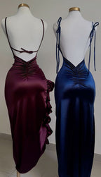 Vintage Mermaid Spaghetti Straps Custom Silk Satin Blue Long Prom Dresses