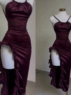 Vintage Mermaid Spaghetti Straps Custom Silk Satin Blue Long Prom Dresses