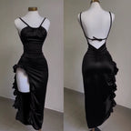 Vintage Mermaid Spaghetti Straps Custom Silk Satin Blue Long Prom Dresses