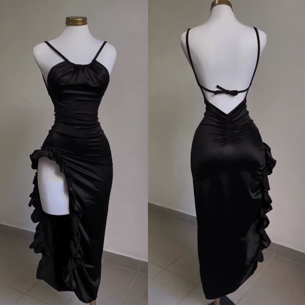 Vintage Mermaid Spaghetti Straps Custom Silk Satin Blue Long Prom Dresses
