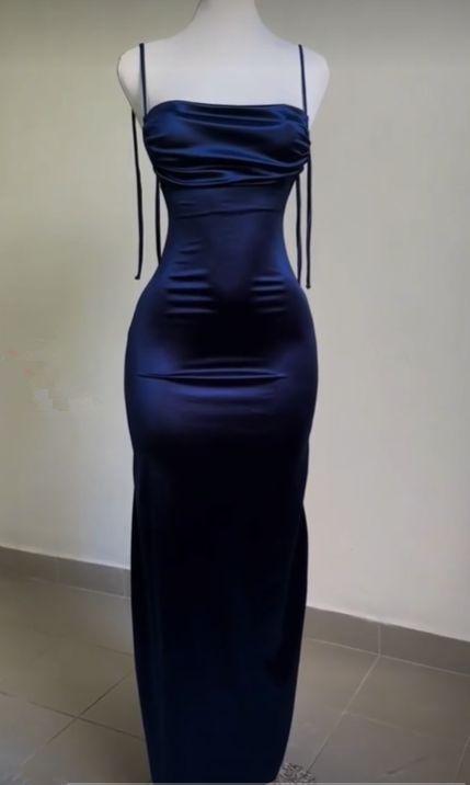 Vintage Mermaid Spaghetti Straps Custom Silk Satin Blue Long Prom Dresses Main image
