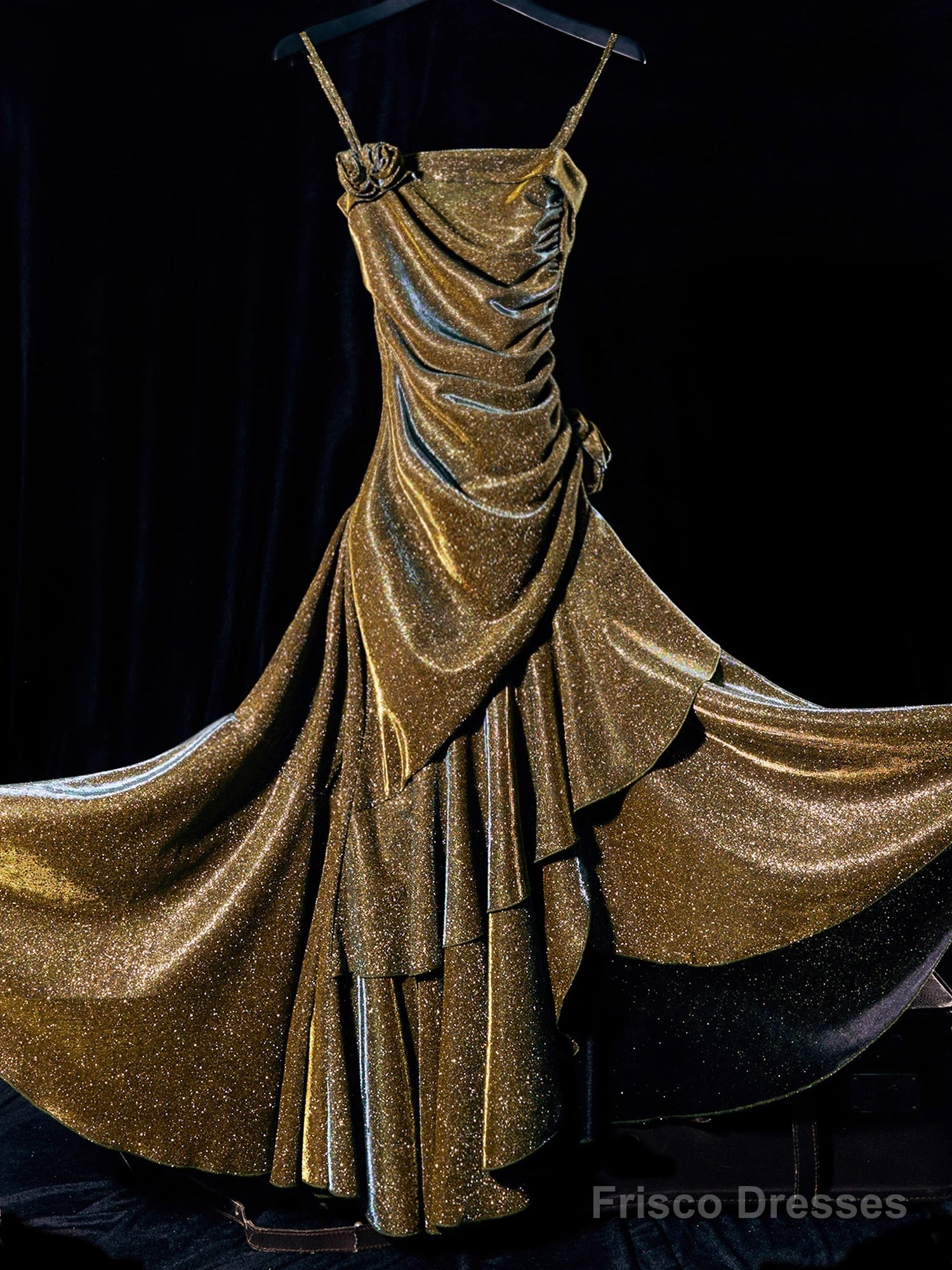 Vintage Mermaid Spaghetti Straps Long Gold Sequin Prom Dresses Birthday Outfits With Flowers