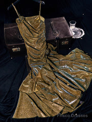 Vintage Mermaid Spaghetti Straps Long Gold Sequin Prom Dresses Birthday Outfits With Flowers
