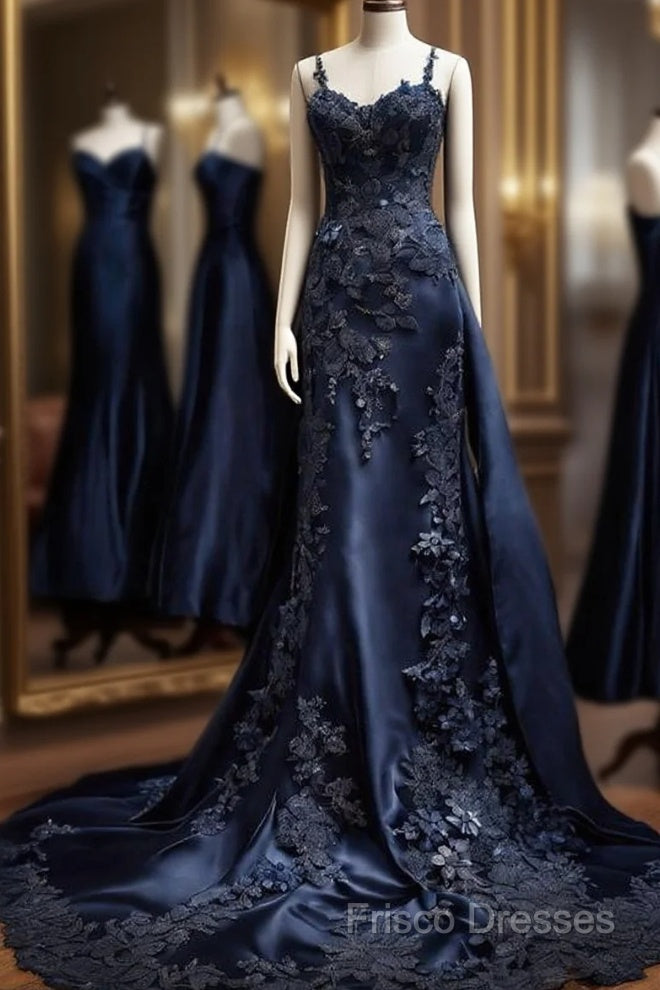 Vintage Mermaid Spaghetti Straps Navy Blue Satin Long Formal Prom Dress Party Dress Main image